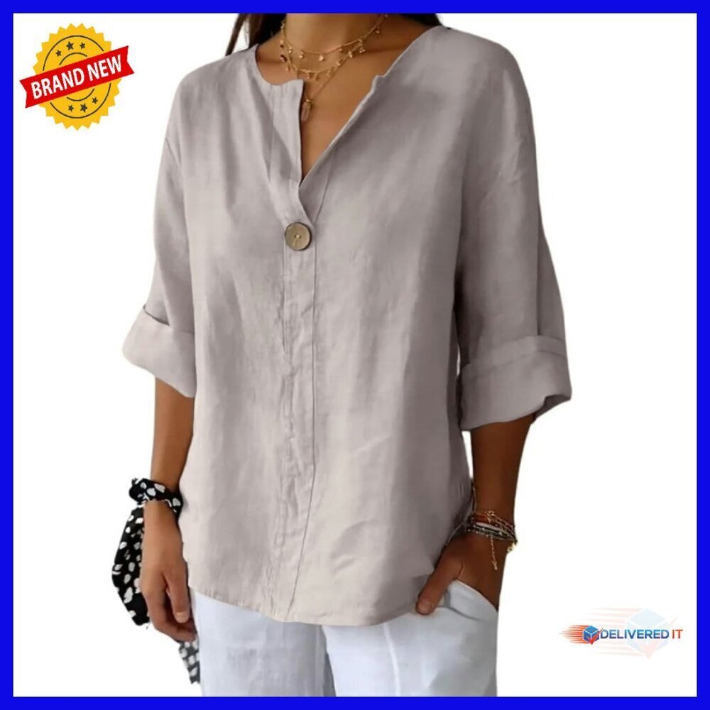 Linen Button Down V-Neck Tunic Top 3/4 Sleeve Loose Fit